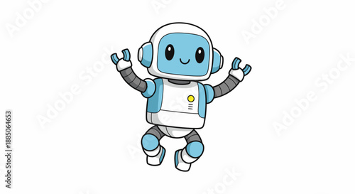 Energetic robot character happily jumping, depicted in a colorful illustration.