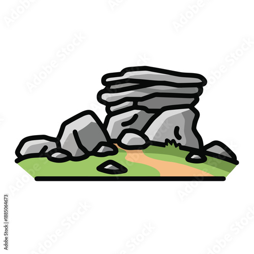 A cartoonish illustration of a rocky outcrop on a grassy terrain