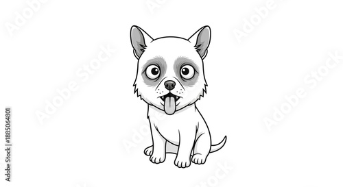 Funny puppy sitting with wide eyes and tongue out in a monochrome illustration.
