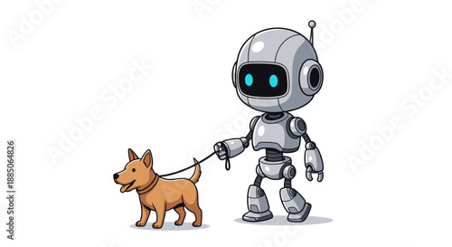 Gray robot character walking a small brown dog on a leash, in a colorful vector illustration.