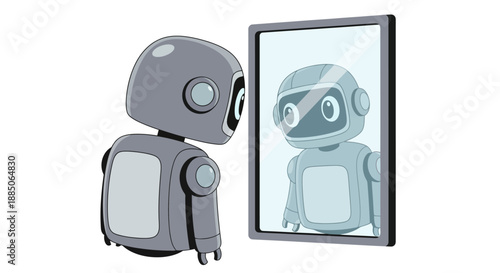 Gray robot character looking at its own reflection in a mirror, depicting self-awareness, in a vector illustration.