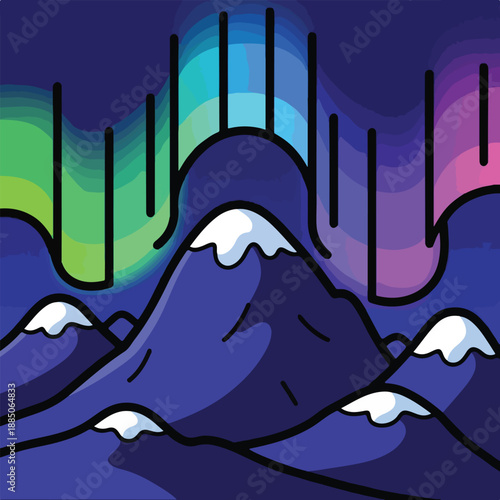 A cartoonish illustration of a snowy mountain range