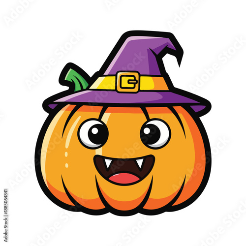 A cartoon pumpkin with a purple witch hat and a big smile