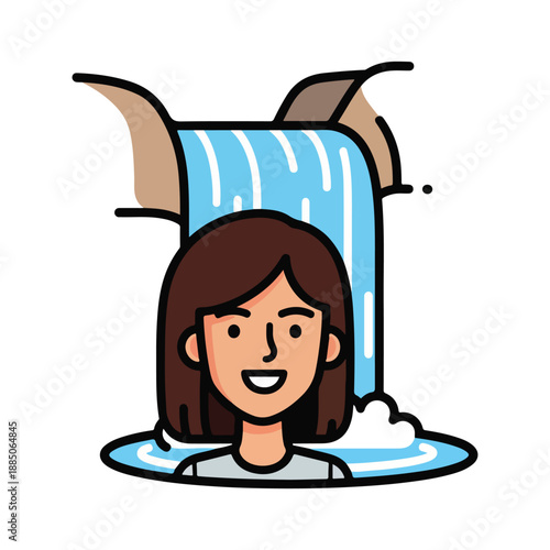 A cartoon woman relaxing in water with a waterfall