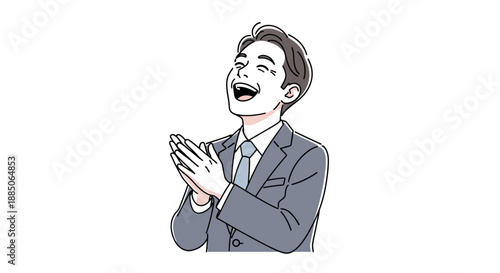 Happy businessman character laughing loudly and enthusiastically clapping his hands illustration.
