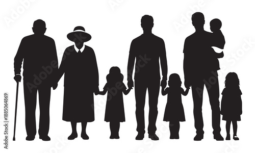 Diverse family silhouette: grandparents, parents, and children holding hands together.