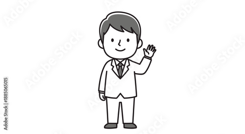 Monochrome businessman character standing and cheerfully waving his hand in greeting line art illustration.