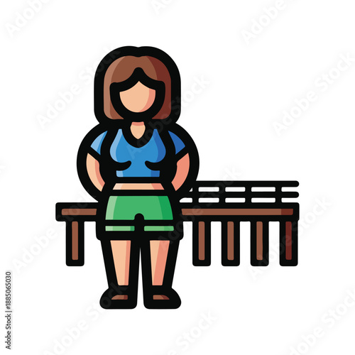 A cartoon woman standing beside a brown wooden bench
