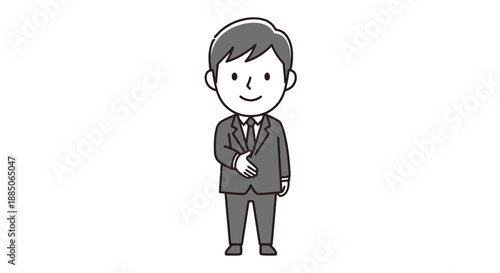 Monochrome businessman standing with hand on chest, showing politeness in a flat illustration.