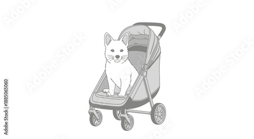 Monochrome cat character sitting comfortably inside a modern pet stroller illustration.