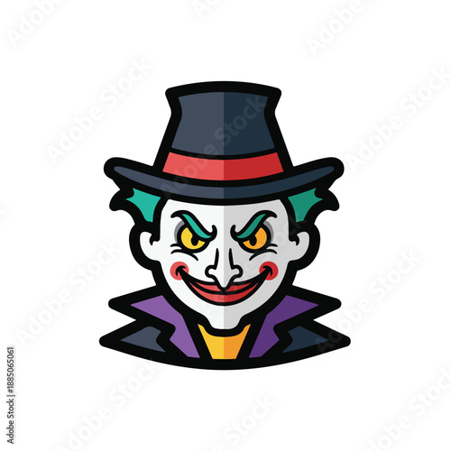 A cartoonish joker with a top hat and menacing grin