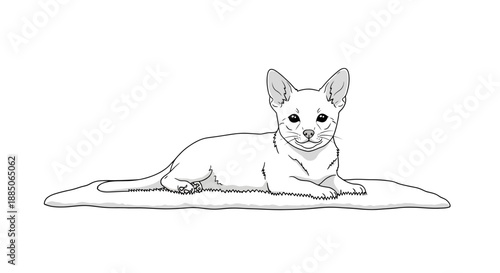 Monochrome cat character resting flat on its belly, looking straight ahead illustration.