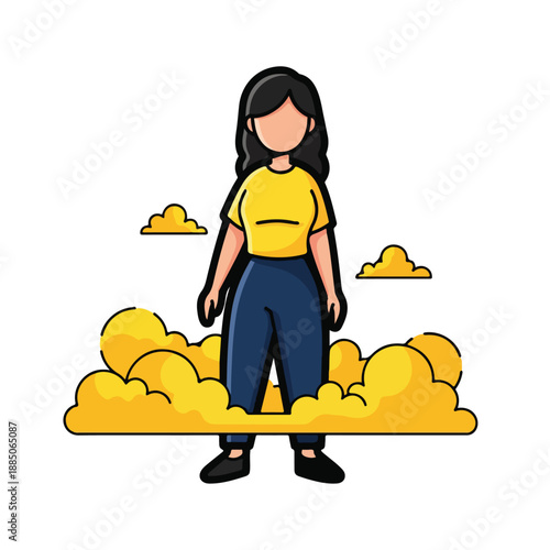 A cartoon woman stands on a cloud