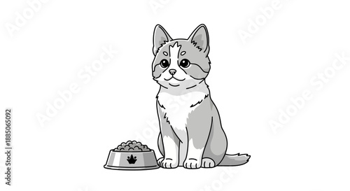 Monochrome kitten character sitting, looking forward next to a food bowl illustration.