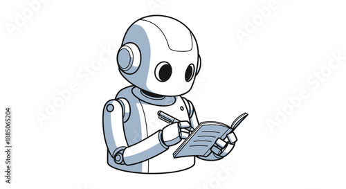 Monochrome robot character diligently writing in a small notebook with a pen illustration.
