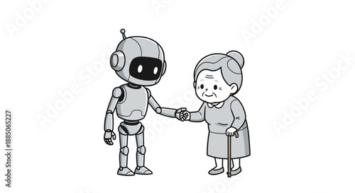 Monochrome robot character helps an elderly woman holding a walking stick, in a helpful vector illustration.