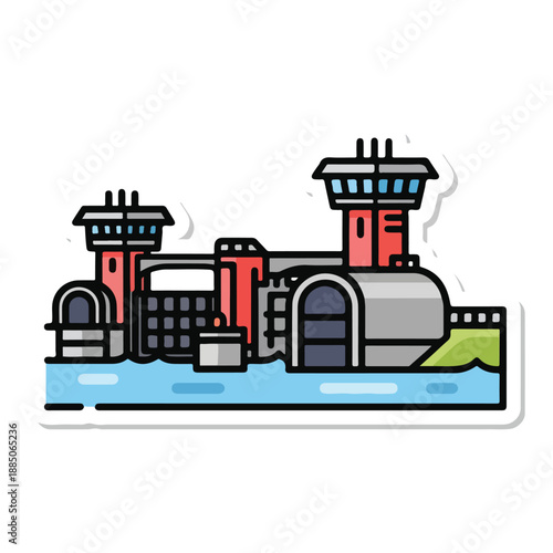 A cartoonish prison with towers and a body of water