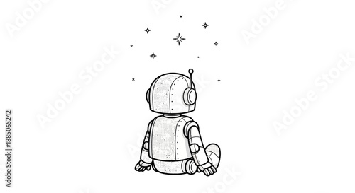 Monochrome robot character sitting, looking up at sparkling stars illustration.