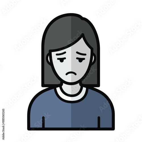 A cartoon woman with a frowning face and shoulder