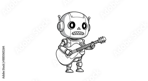 Monochrome robot character standing, playing an acoustic guitar illustration.