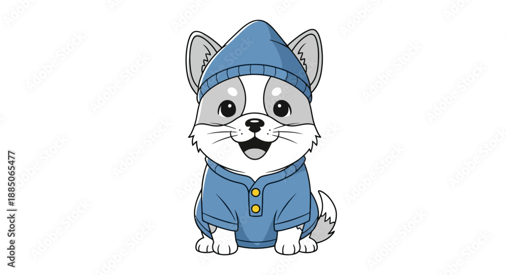 Fototapeta premium Puppy character sitting, wearing blue pajamas and a matching hat illustration.