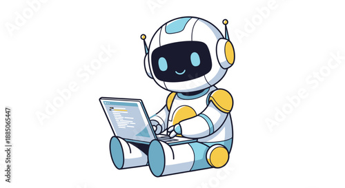 Programming robot character sitting and actively working on a laptop computer, in a vector illustration.