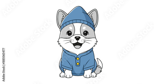 Puppy character sitting, wearing blue pajamas and a matching hat illustration.