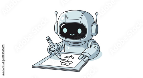 Robot character sketching a flower with a pencil, rendered in a detailed line art illustration.