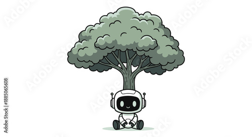 Robot character sitting peacefully under a large tree, illustrated in a natural vector style.