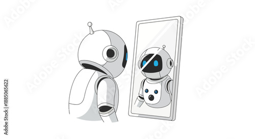 Robot character standing and observing its own reflection in a mirror line art illustration.