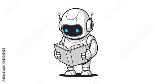 Robot character standing and deeply focused on reading an open book, in a clean line art illustration.