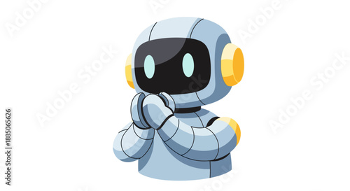 Robot character standing, hands clasped together in a thoughtful pose illustration.