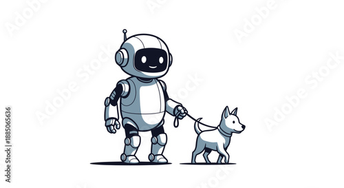 Robot character walking a small dog on a leash illustration.