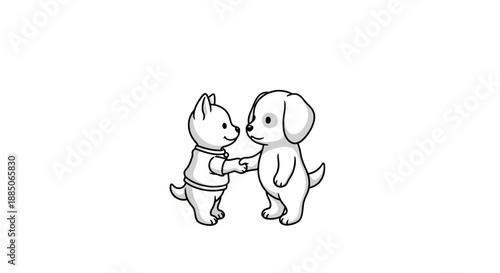 Two cute puppies shake hands, symbolizing friendship and agreement in a monochrome line art illustration.