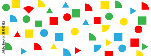 Playful arrangement of red blue yellow and green shapes on white
