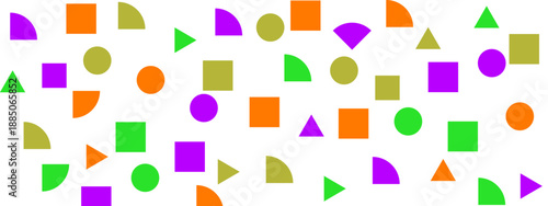 Dynamic scatter of colorful geometric forms on a white surface