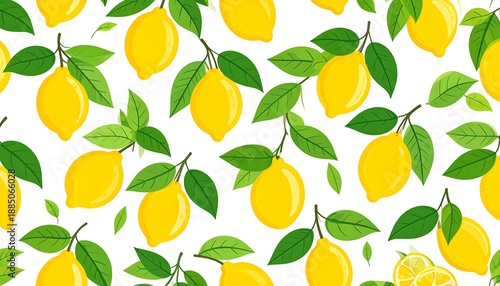 A vibrant pattern of lemons and leaves on white