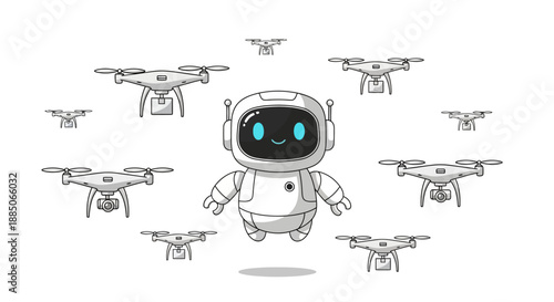 White robot character surrounded by multiple flying delivery drones, in a futuristic vector illustration.