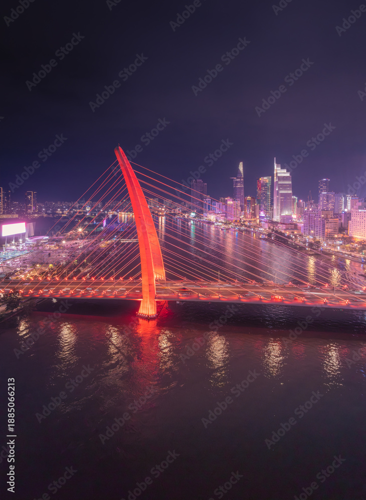 custom made wallpaper toronto digitalAerial view of night cityscape in central of Ho Chi Minh city, Vietnam. A Bason bridge with colorful lights at night are so beautiful. Travel concept.