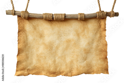 Ancient parchment scroll hanging from a wooden branch isolated on transparent background. Ancient parchment hanging from wooden beam by rope isolated on white background.
