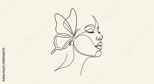 Woman's face with butterfly wing, surreal minimalist continuous line art