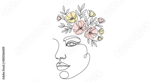 One line drawing of a woman's face with flowers in her hair, abstract beauty