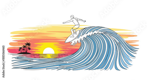 Surfer riding a wave at sunset, tropical island with palm trees, vibrant illustration