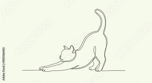 Cat stretching, minimalist single line drawing of a relaxed feline