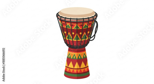 Vibrant djembe drum with colorful tribal patterns and natural skin head on white background for music and cultural concepts