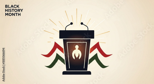 Black history month podium with microphones and colorful ribbons symbolizing celebration and empowerment