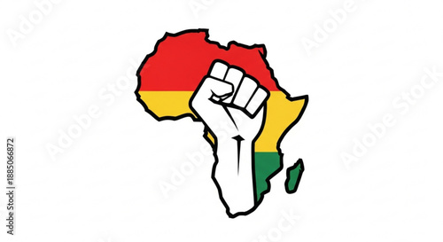 Raised fist symbolizing unity and strength overlaid on african continent with red yellow and green colors representing solidarity and empowerment