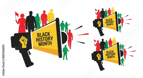 Black history month megaphone icons with diverse people protesting and raising fists in solidarity vibrant colors flat design and bold graphics
