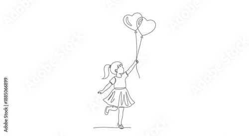 Girl Holding Heart Balloons   Minimalist Continuous Line Drawing