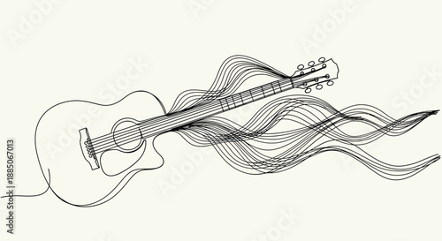 Acoustic Guitar with Music Waves   Line Art Illustration